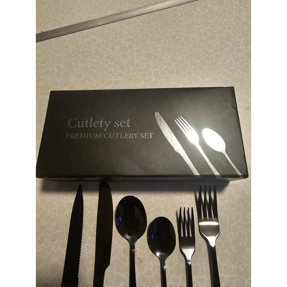 Premium Cutlery Set 48 Piece Black Stainless Steel Flatware Service for 8 Boxed